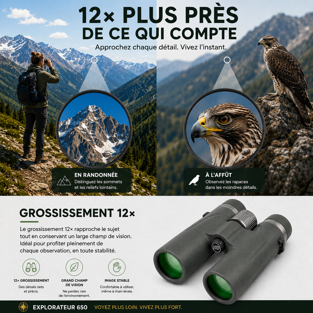Jumelles 12x42 pour randonnée, ornithologie et observation des oiseaux - Explorateur 650