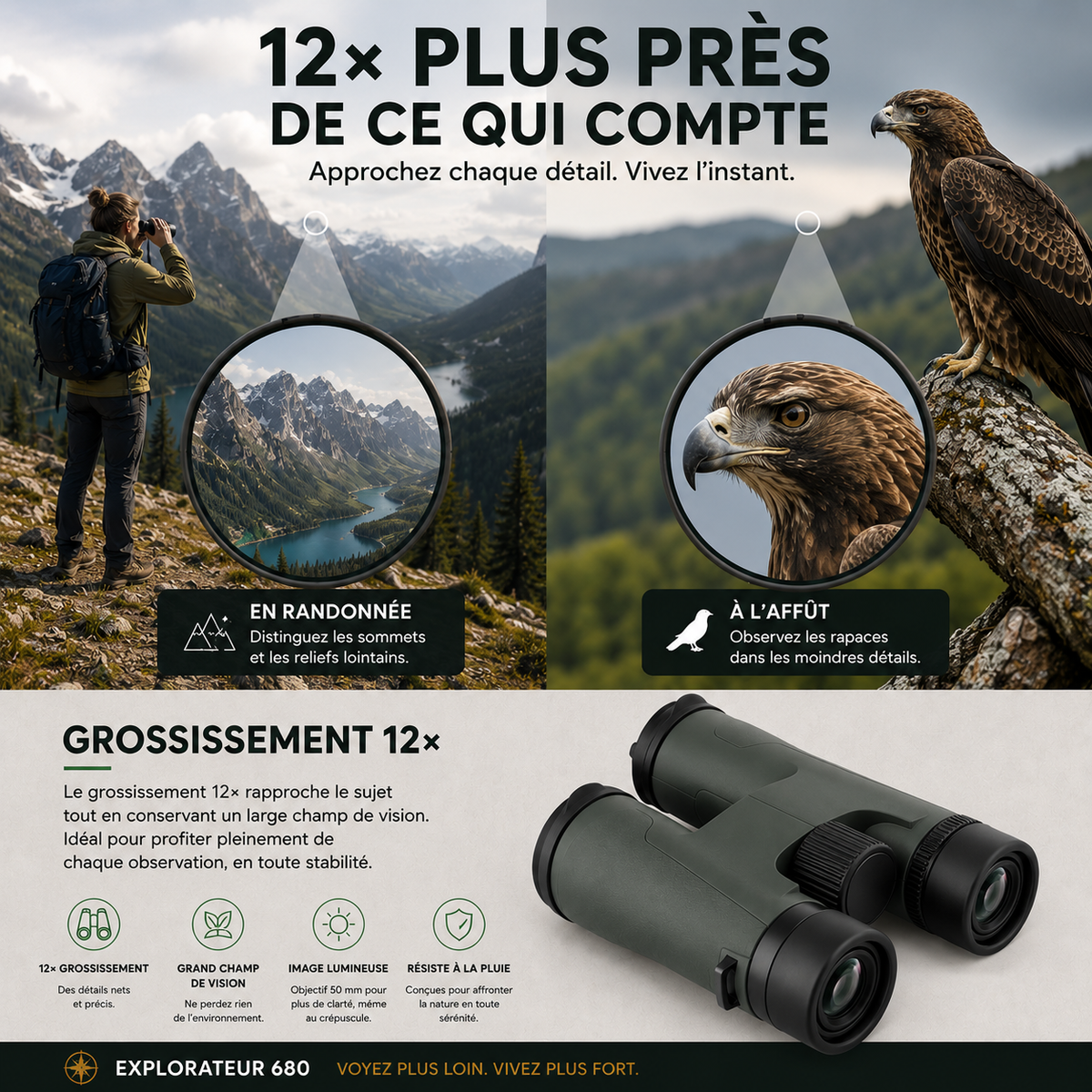 Jumelles 12x50 pour randonnée, ornithologie et observation des oiseaux - Explorateur 680